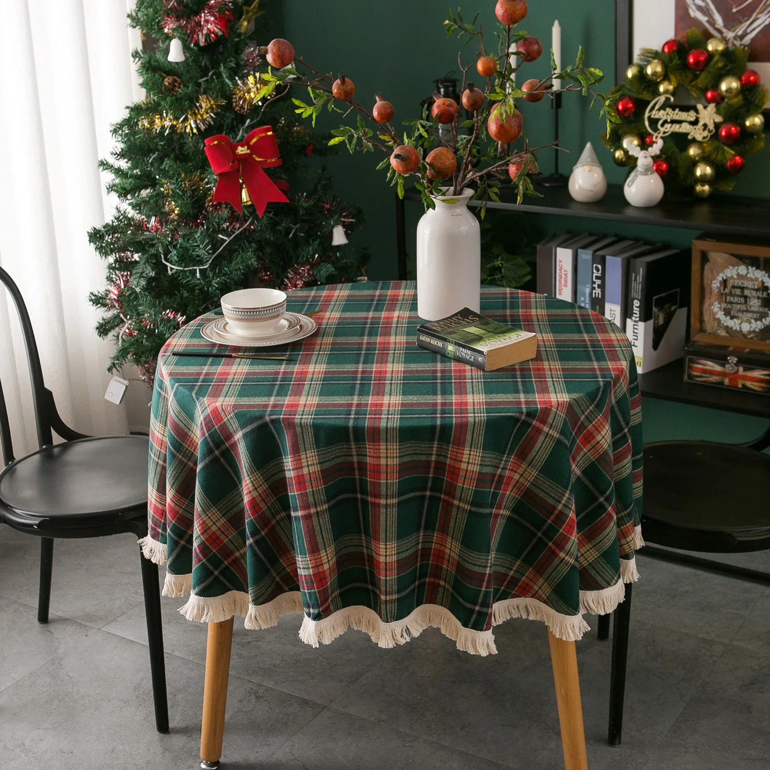 Outdoor Furniture Green - Geruite kwastjes Kerstdecoratie Tafelkleed Rond Geweven