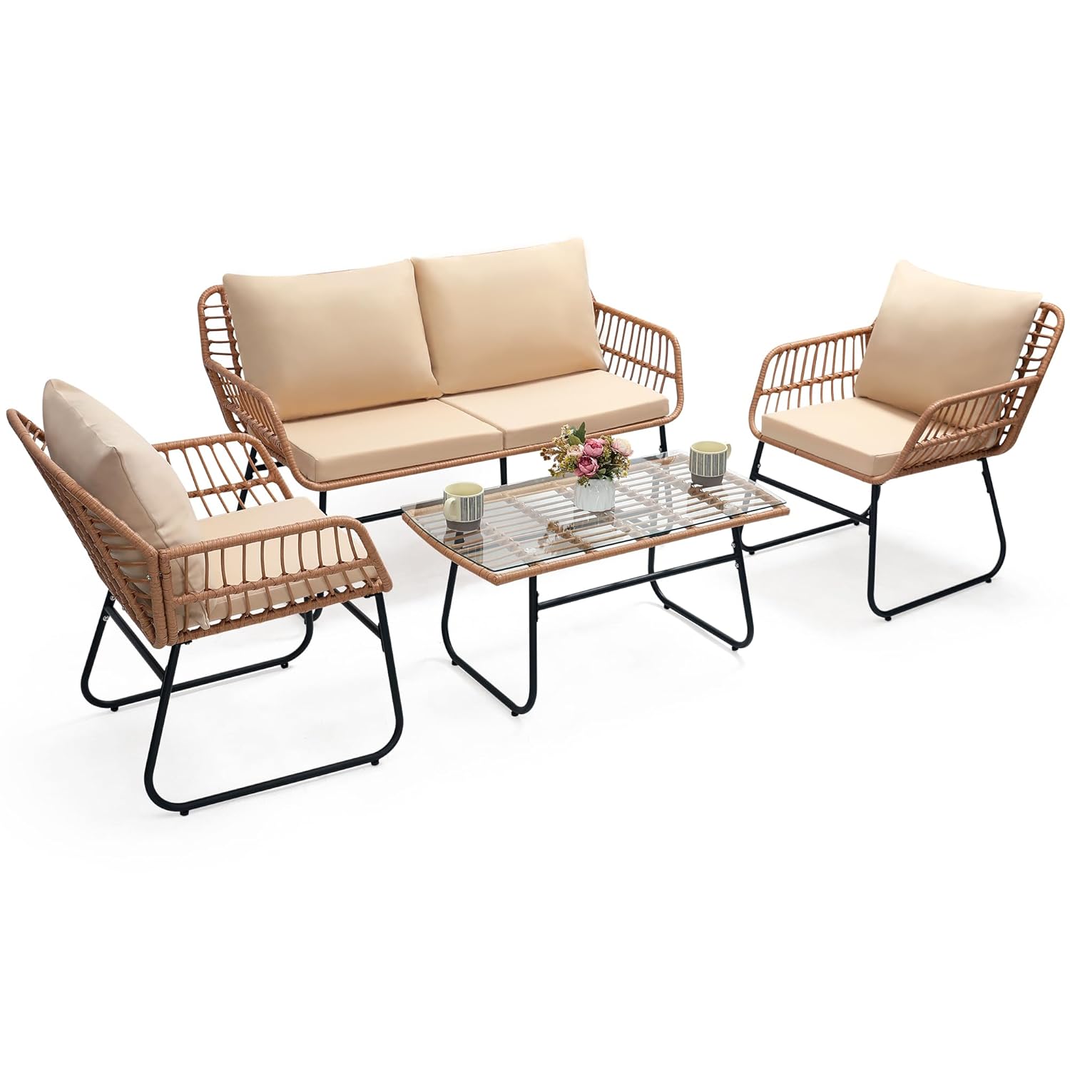 Outdoor Furniture Bali - 4-delige patio bistro tuinmeubelenset, rieten bank,