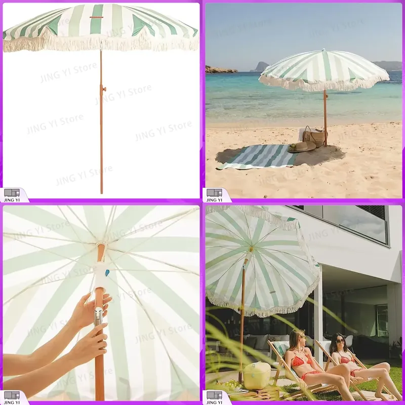 Outdoor Furniture Green - Draagbare groen-wit gestreepte strandparasol met franjes