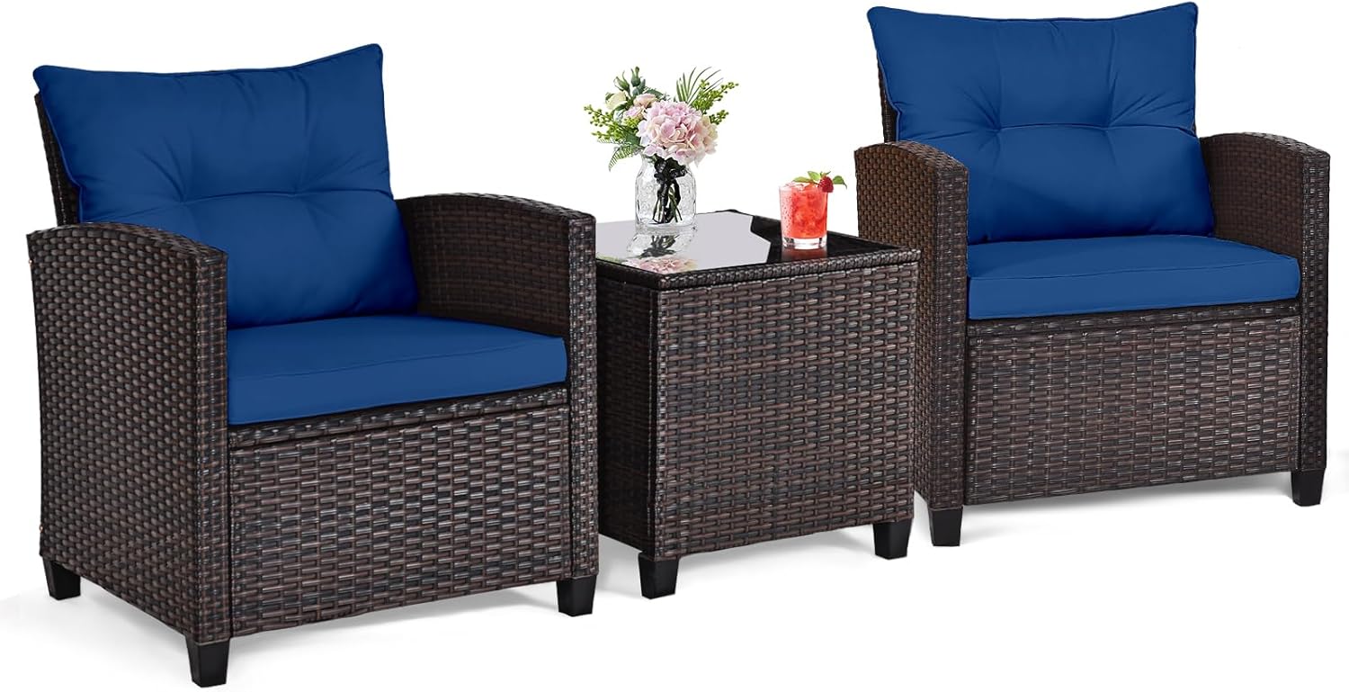 Outdoor Furniture Table And Chairs - Marineblauwe rotan wicker 3-delige bistroset voor